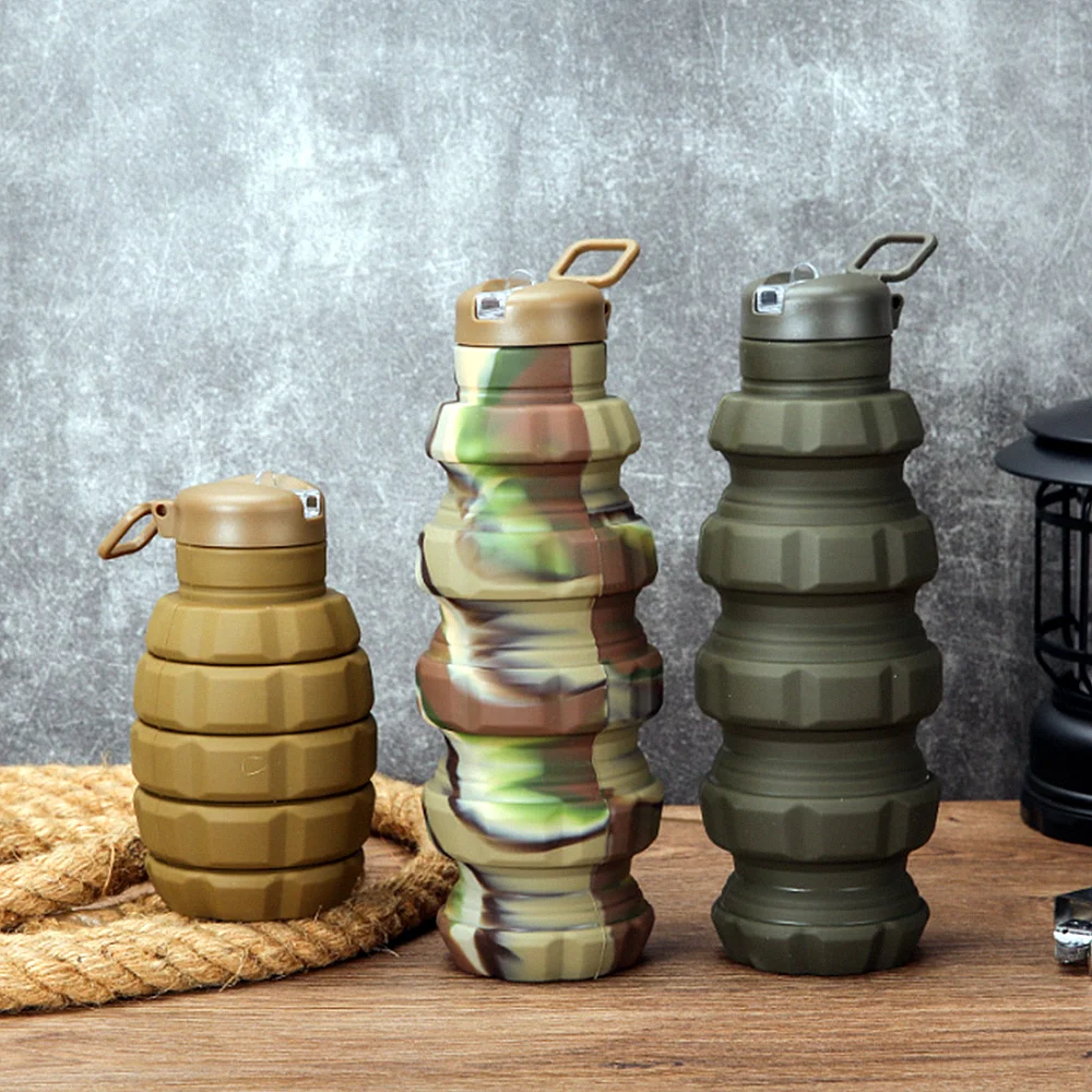 17oz 500ml Portable Reuseable Silicone Foldable Collapsible Travel Water Bottle with Rugby Carabiner