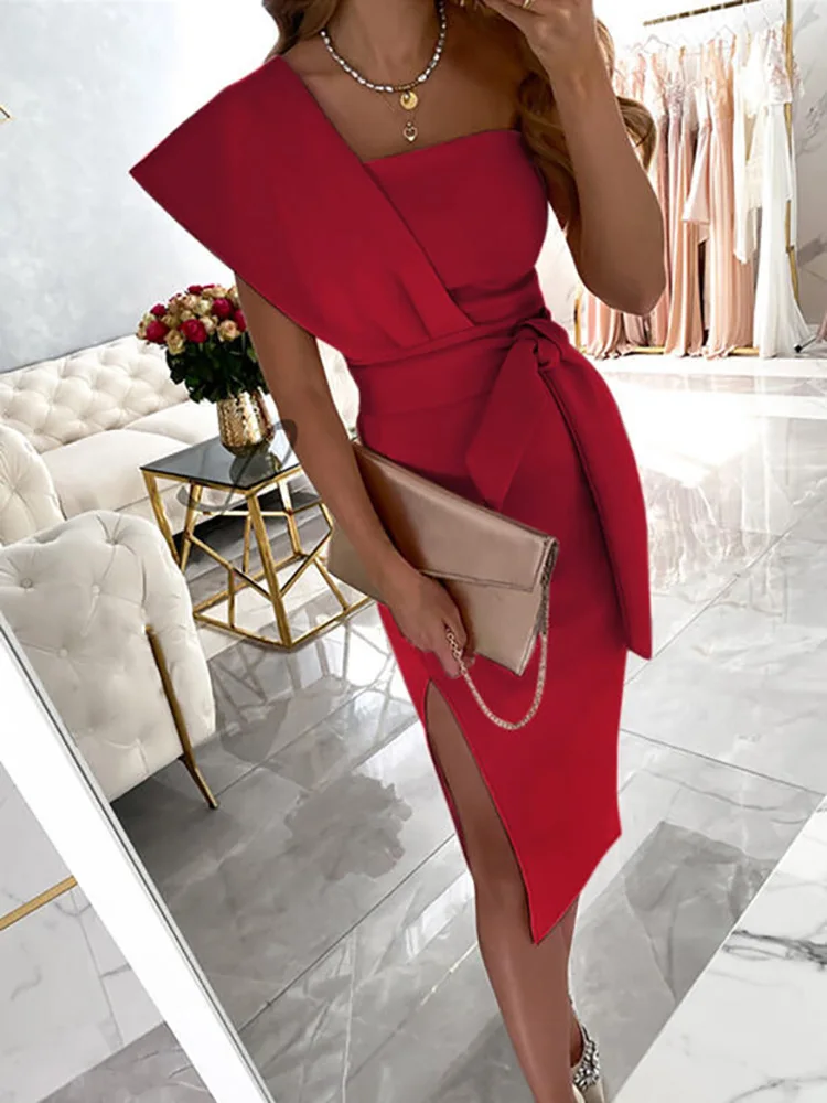 dress shops Side Slit Lady Patchwork Square Collar Dress Solid Summer Women Sleeveless Red Dress Midi Slim High Waist Lace Up Party Dresses summer dresses for women Dresses