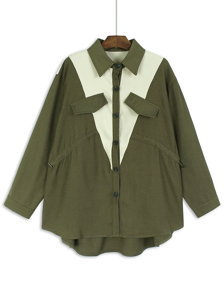 

SuperAen блузка с длинным рукавом с имитацией кармана и контрастной панелью, Женская Весенняя Свободная Повседневная модная рубашка 2024