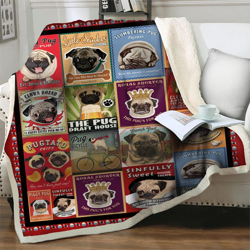 

Pet Dog Cute Pug Blanket Cartoon Home Decoration Fleece Plush Throw Blankets For Beds Sofa Travel Picnic Office Nap Quilts Cover