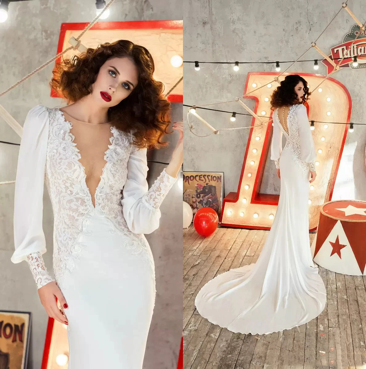 

Bohemian Mermaid Wedding Dress Long Sleeves Illusion Transparent V-Neck Lace Applique Ivory Beach Bridal Gowns Court Train