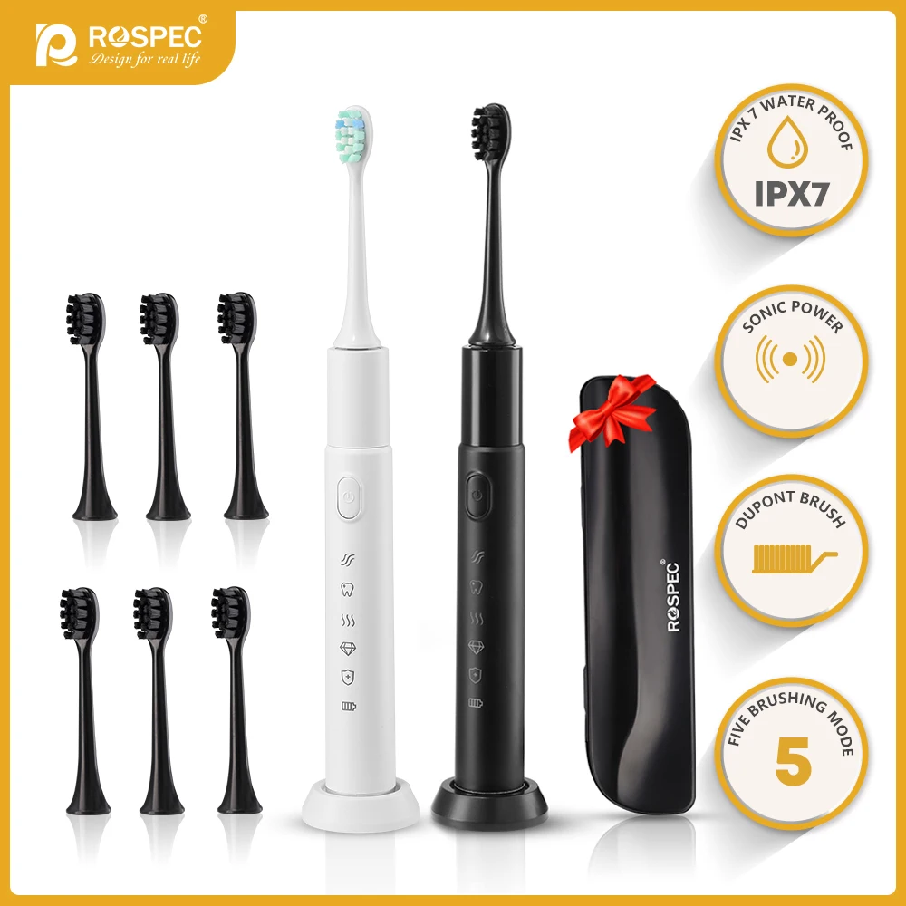 

ROSPEC Sonic Electric Toothbrush Waterproof 5 Modes Wireless USB Charger DuPont Soft Brush Heads Replacement with Traveling Box