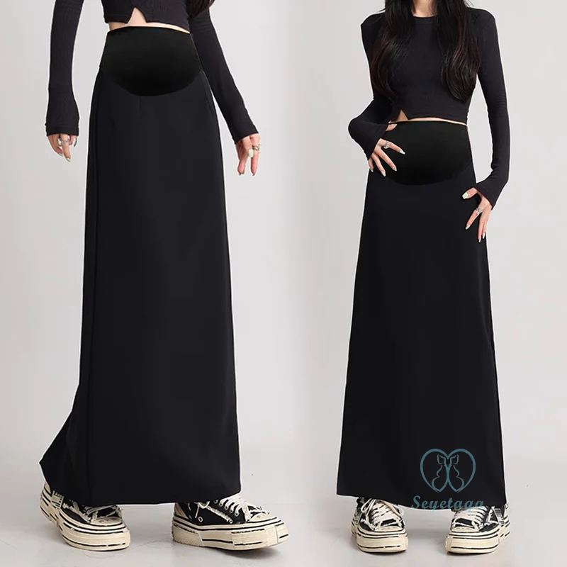 Back Splits Black Maternity Full Maxi Long Skirts Spring Casual Pencil Bottoms for Pregnant Women Elastic Waist Pregnancy