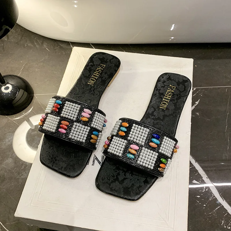 Summer Sandals Women New Summer Flat Sandals Shoes Female Designer Square Toe Bling Luxury Slippers Zapatos De Mujer