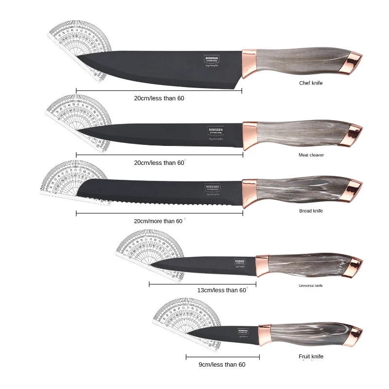 Marble Handle 7, 8, 9 Piece Set Western Style Non Stick Chef Cooking Knife Rose  Gold Rotary Seat Kitchen Knife Set