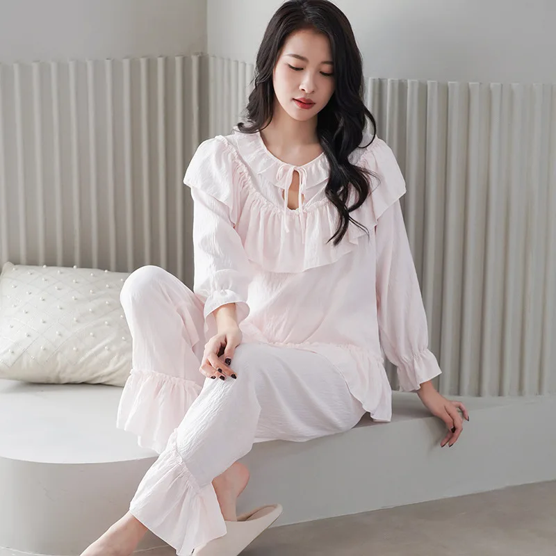 Spring New Cloud Cotton Pajamas Long Sleeve Pants Two-piece Set Palace Style Costume Lotus Leaf Edge Home Fury Clothes for Women