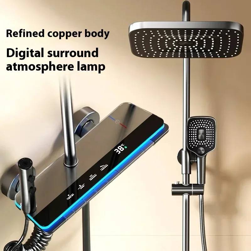 2024 Silvery Home Bathroom Pressurized Shower set, Real-time Temperature Display, Copper Material, shower head, faucet set