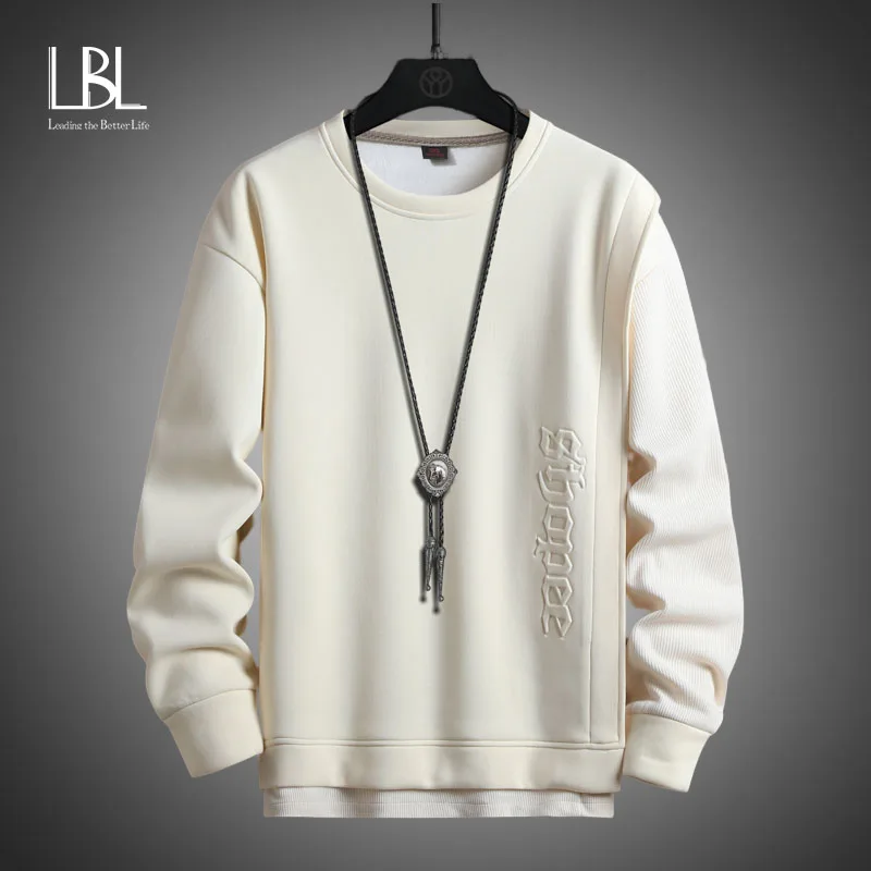

Casual Fake Two Pieces Sweatshirt Spring Autumn Fashion Men's Round Neck Hoodies Streetwear Trend Solid Color Tops Plus Size 5XL