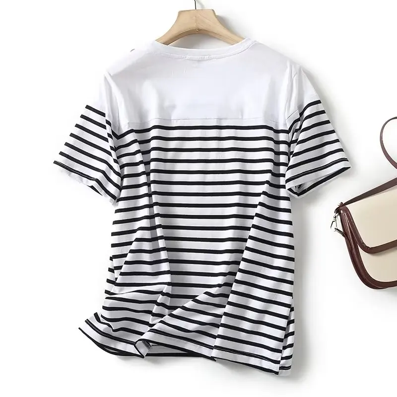 

Jenny&Dave Casual Round Neck Commuting Basic Top Women British Fashion Simple Striped Button Decoration Summer T-shirt