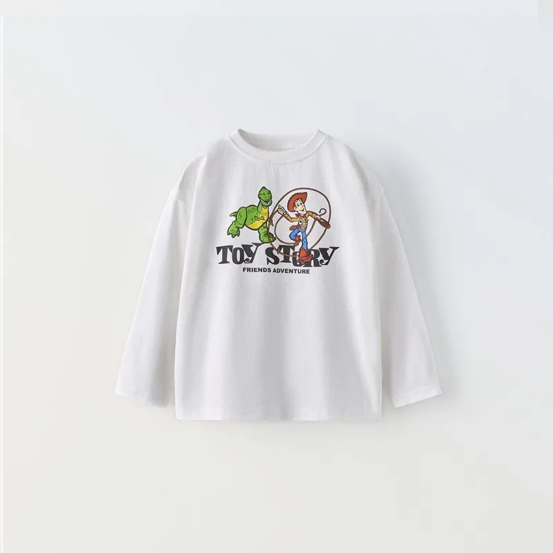 Fashion White Long Sleeve Tshirt Casual Loose Round Neck Base Shirt Cartoon Print Tees Boys Spring Autumn Wear All-match Tops 5