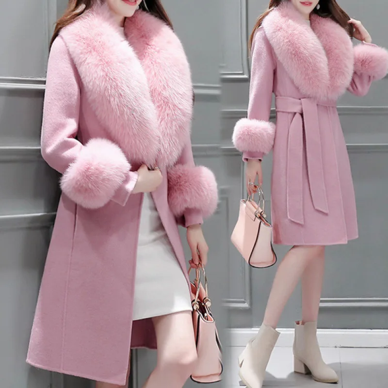 2023 Winter New Women Temperament V-neck Long Woolen Overcoat Female Fashion Solid Color Casual Detachable Fur Collar Outwear