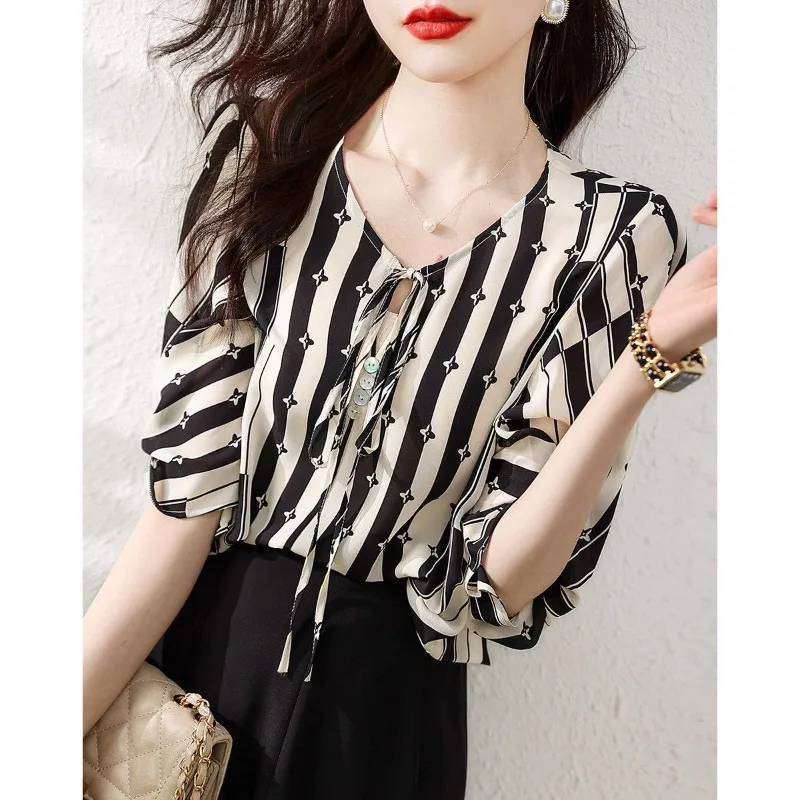 Summer New Blouses Korean Commute Women's Patchwork Printed Button Loose All-match Drawstring V-neck Striped Short Sleeve Shirts