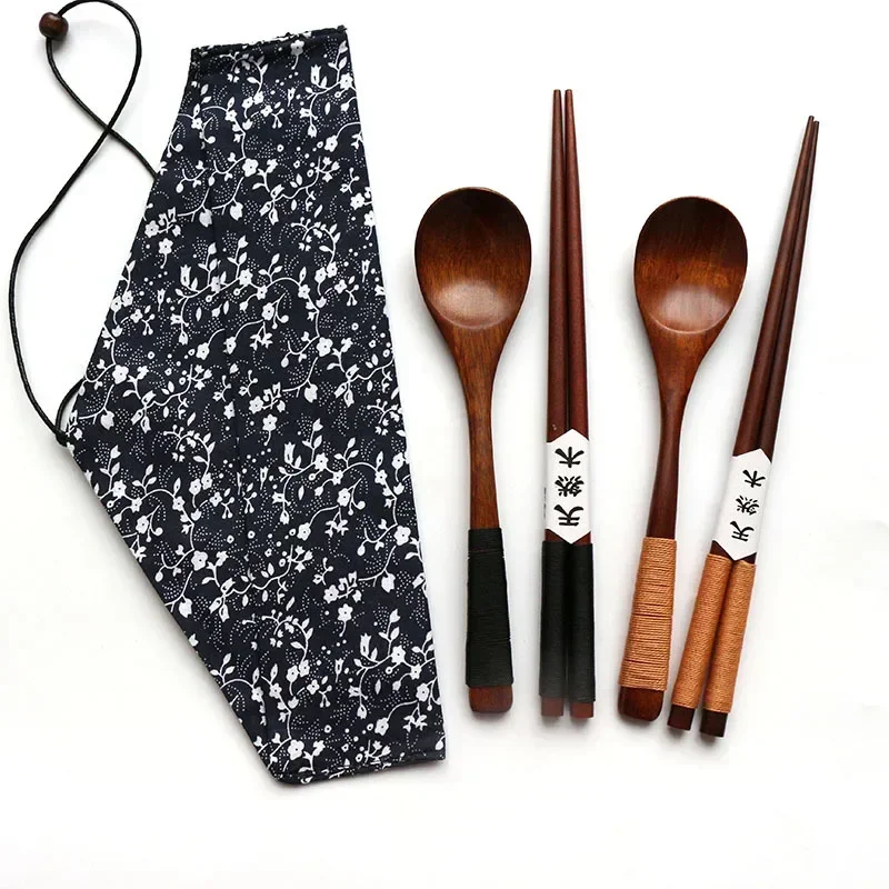 1 Pairs Chopstick +1 spoons Handmade Japanese Natural Wood Chopsticks spoon Set with Gift Pocket Bamboo Chopstick