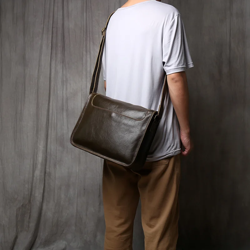 NZPJ Retro Genuine Leather Men's Shoulder Bag Natural Top Layer Cowhide Crossbody bag Leisure Tablet Bag For 13 Inch IPad