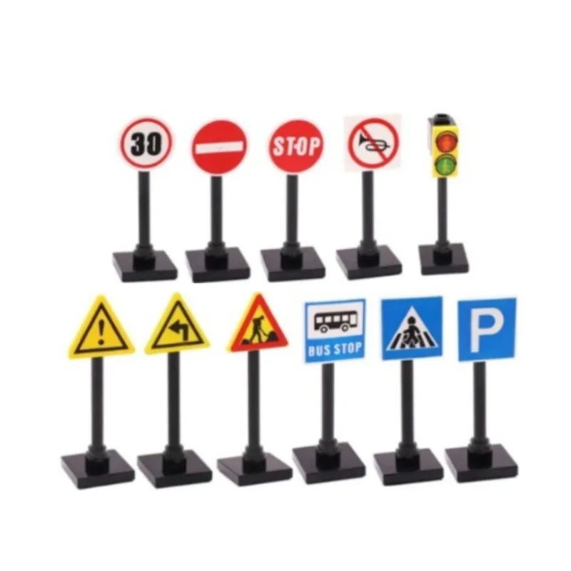 도시 교통 표지판 거리 속도 제한 경고 표지판 조립 부품 MOC 가로등 신호등 빌딩 블록 교육용 장난감