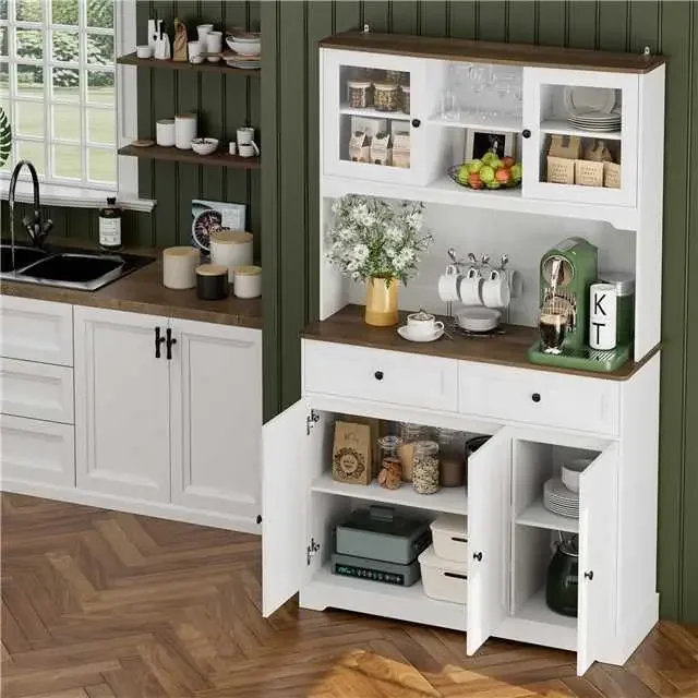 Pantry Storage Cabinet, Kitchen Hutch with Buffet Cupboard, Utility Pantry Cabinet with Microwave Stand,Tall Kitchen Cabinets 4