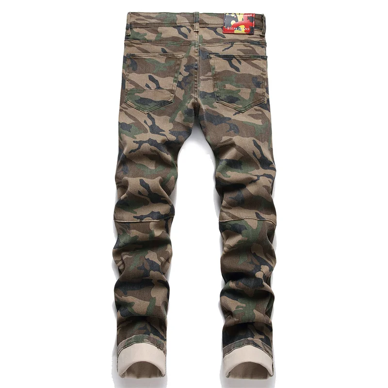 Fashion Trendy Patchwork Camouflage Jeans Men's Slim Stretch Feet High-End Men's Washed Overalls Style Trousers