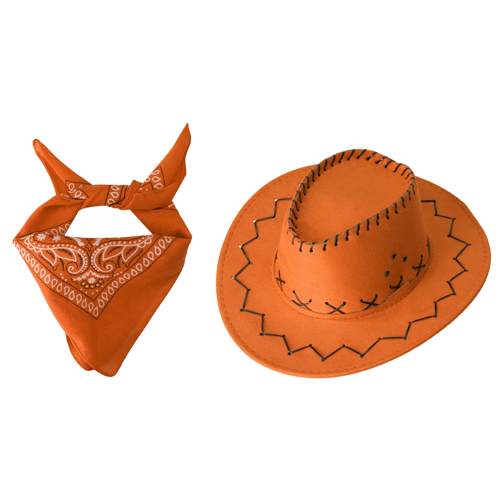 

2Pcs Boys Girls Western Cowboy Cowgirl Costume Felt Drawstring Hat with Bandana Set for Halloween Cosplay Carnival Dress Up