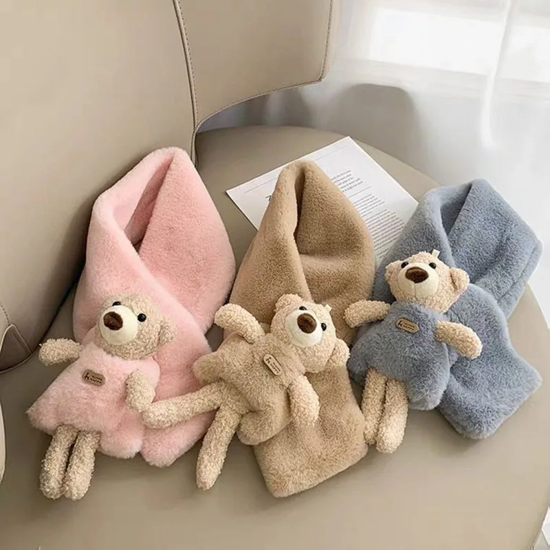 

Winter New Imitation Rabbit Hair Pure Color Children'S Scarf Baby Boys Girls Plush Little Bear Neck Warm Scarves Geluiddemper