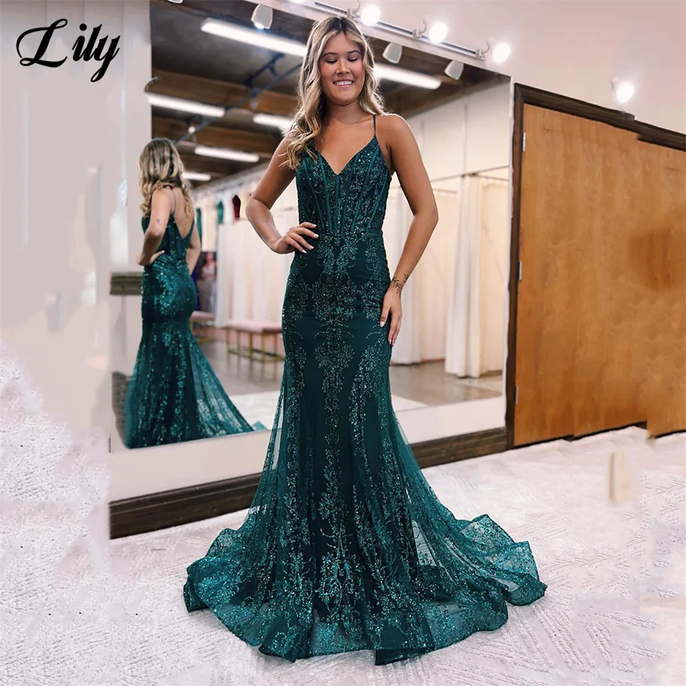 

Lily Teal Tulle Mermaid Prom Dress For Women Spaghetti Strap V Neck Party Dress Appliques Shining Sweep Train vestidos de fiesta