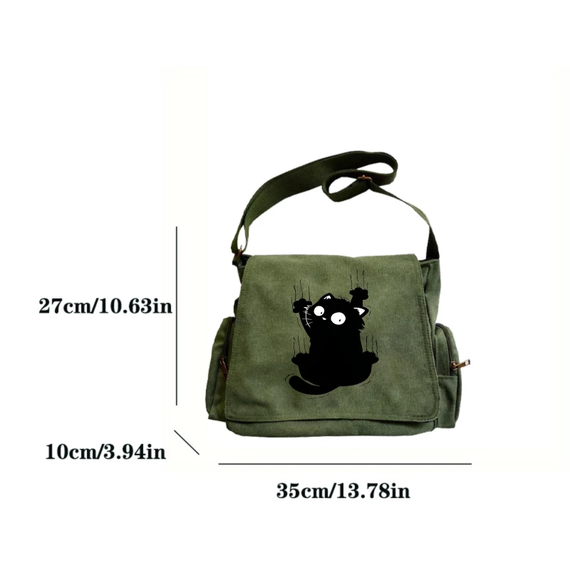 Funny Cat Print Women's Shoulder Bag Canvas Large Crossbody Bag For Women Multiple Pockets Retro Messenger Bag Commuting