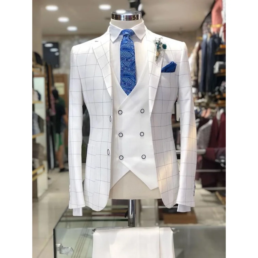 

Luxury White Plaid Men Suits 3 Piece Summer Fashion Notch Lapel Single Breasted Clothing Business Casual Slim Wedding Tuxedo