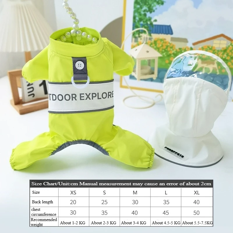 מעיל גשם לכלבים עמיד למים כיסוי מלא רפלקטיבי, עיצוב 4 רגליים עם חור לקשירה. מידות XS-XL עבור כלבים קטנים 2-15 ק"ג. שימוש בחוץ