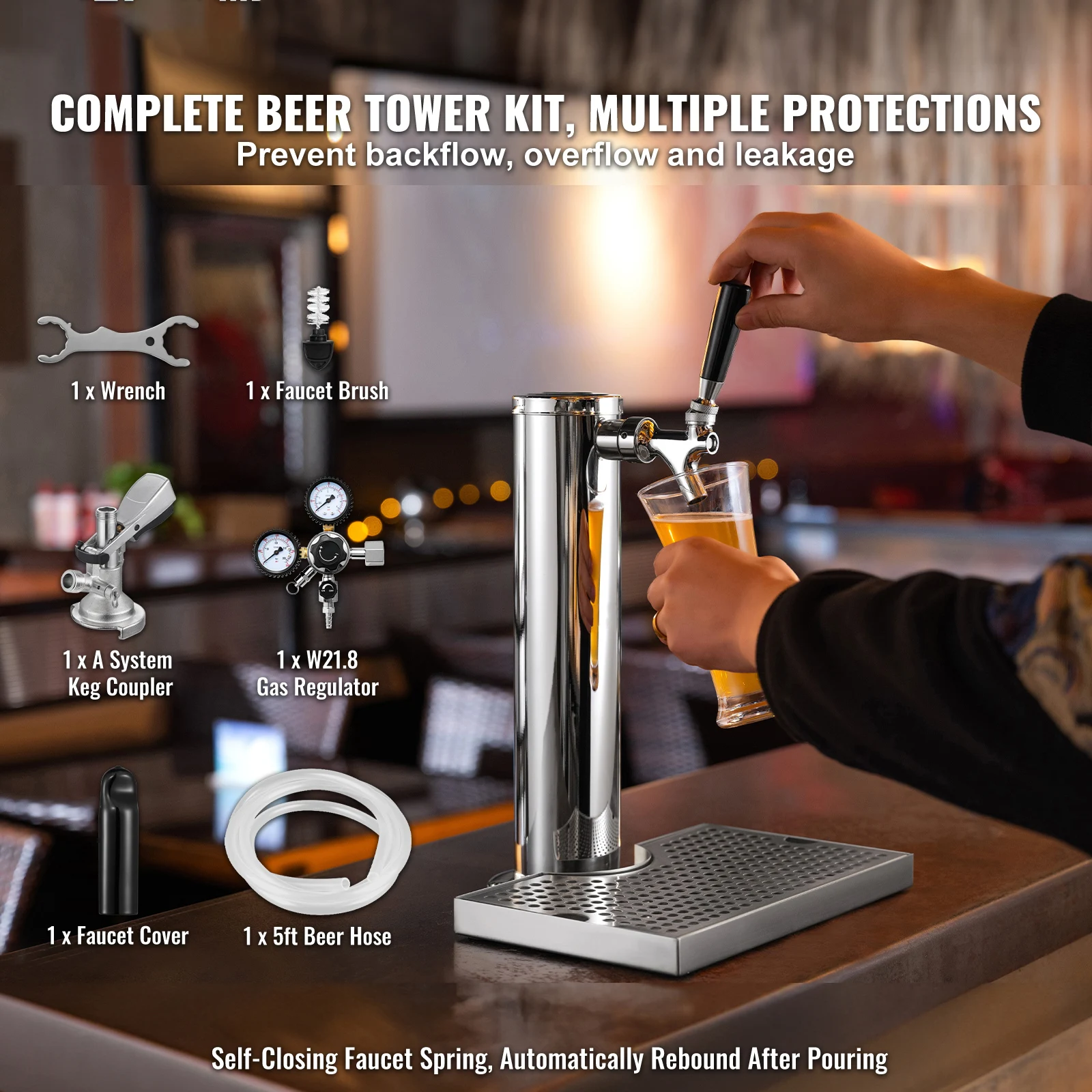 SucceBuy Kegerator Tower Kit Single Tap Beer Conversion Kit Stainless Steel Keg Beer Tower Dispenser Drip Tray for Party