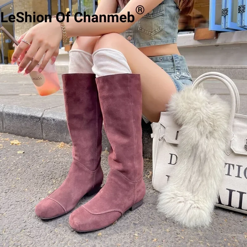 

LeShion Of Chanmeb Women Cow Suede KneeHigh Boots Brand Burgundy Wide Calf Round Toe Boots Lady Low Heels Slipon Shoes 40 Winter