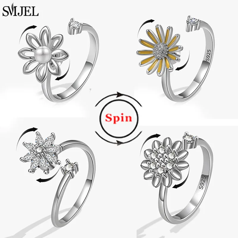 Anxiety Ring Ethnic Fashion Daisy Flower Anxiety Ring Adjustable Women Girls Worry Stress Relief Jewelry Spinning Fidget Rings Party Gifts