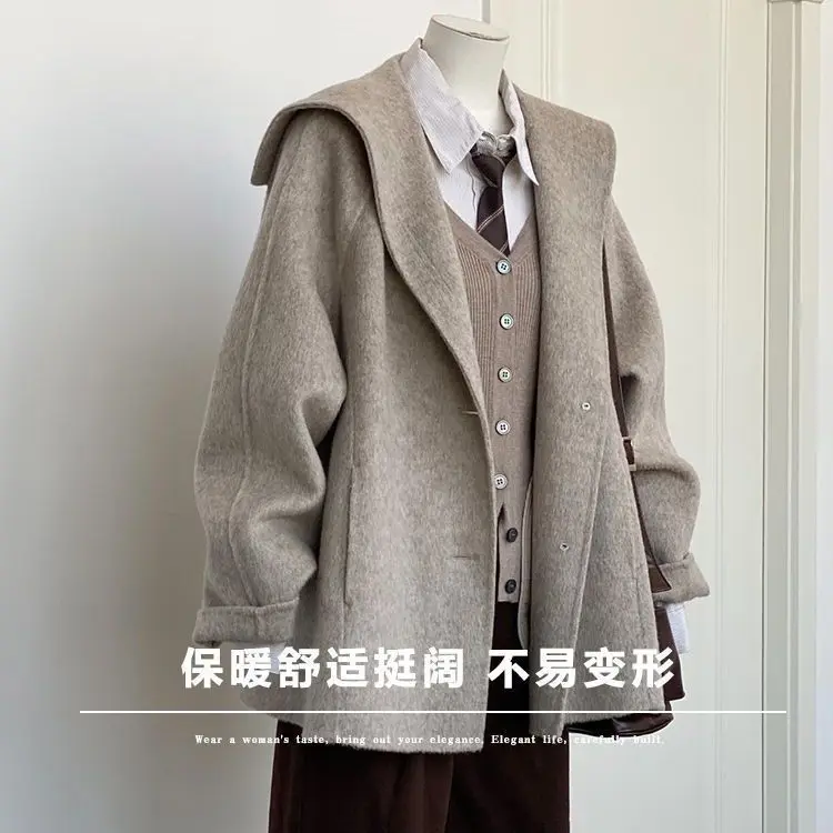 Жіноче вовняне пальто з темно-синім коміром, великий розмір 300, вільне універсальне твідове пальто, тепла мода