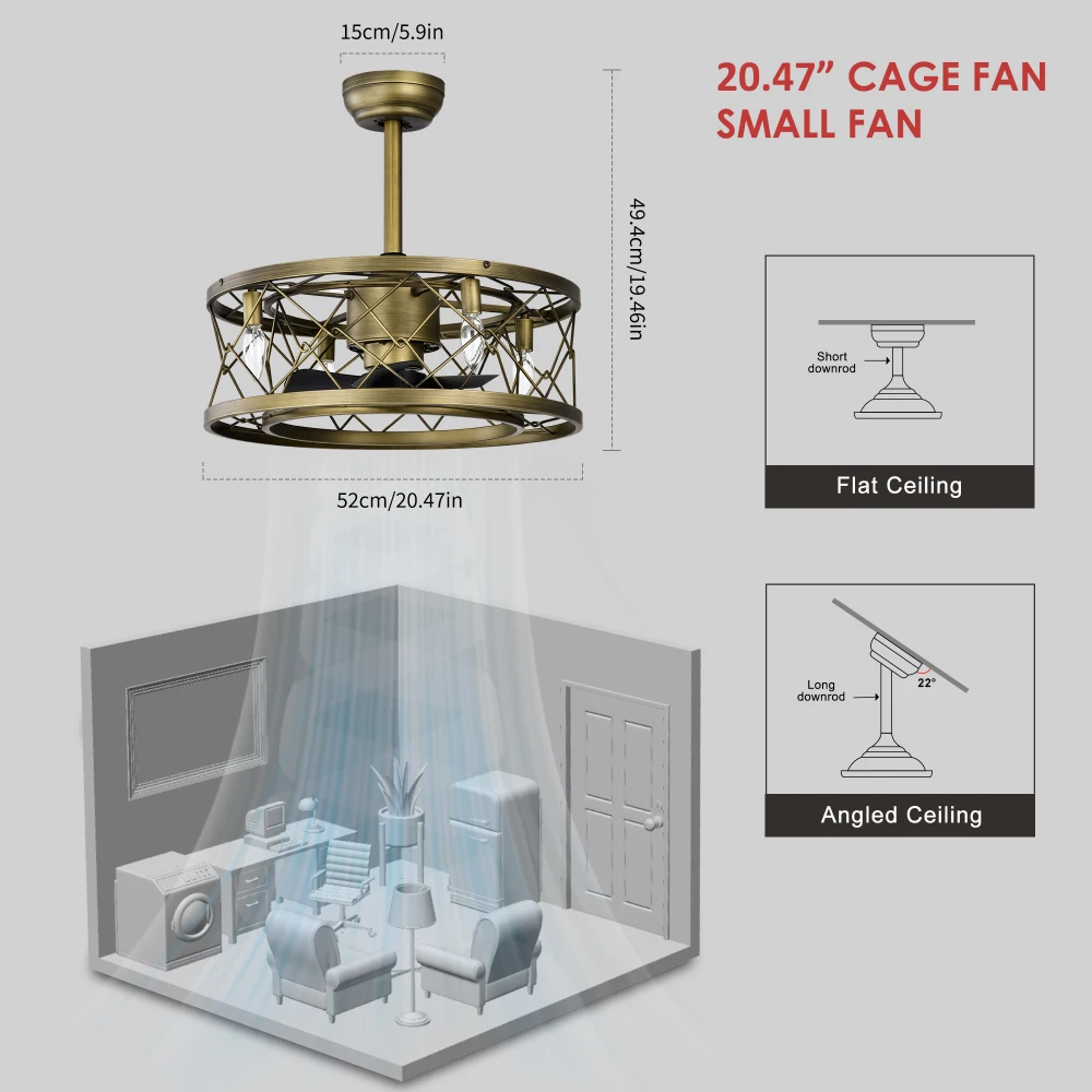 Small Low Profile Enclosed Modern Revrersible Bladeless Ceiling Fan with Lights 20'' Caged Ceiling Fan with Light for Bedroom