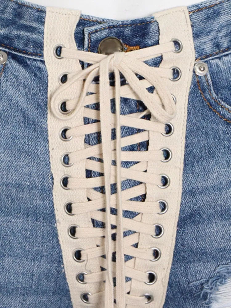 KBQ Irregular Spliced Drawstring Denim Shorts For Women High Waist patchwork raw hem Streetwear Trousers Female Fashion summer