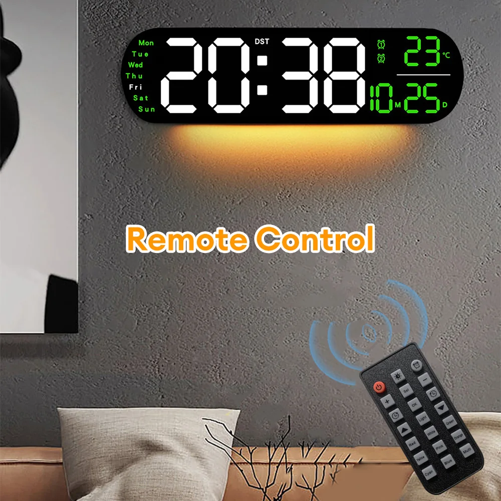 

Large Screen LED Wall Clock Digital Temperature Humidity Display Electronic Alarm Clock with Breathing Light for Living Room
