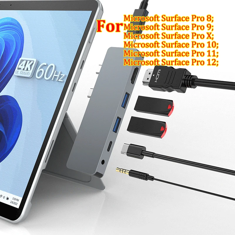 Microsoft Surface Pro 12/11/10/X/9/8用デュアルUSB-Cハブ