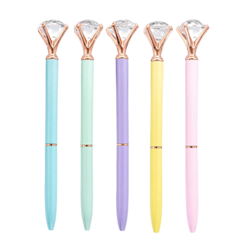 

5Pcs Candy Color Big Diamond Pens Diamond Crystal Ballpoint Pens Metal Black Ink Ball Pen School Office Supplies