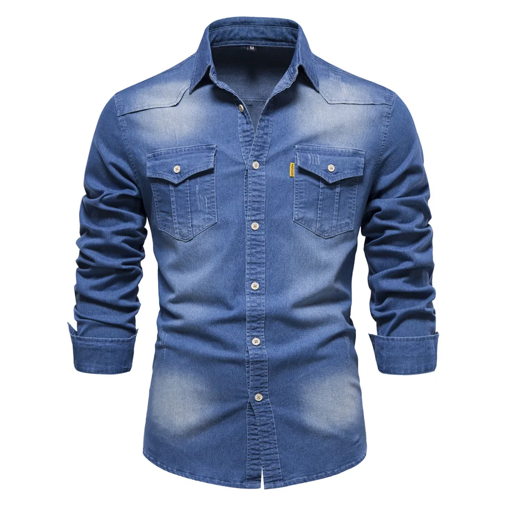 

Рубашка Hemd Мужская джинсовая на пуговицах, брендовая эластичная сорочка с длинным рукавом в ковбойском стиле, повседневная приталенная, дизайнерская одежда