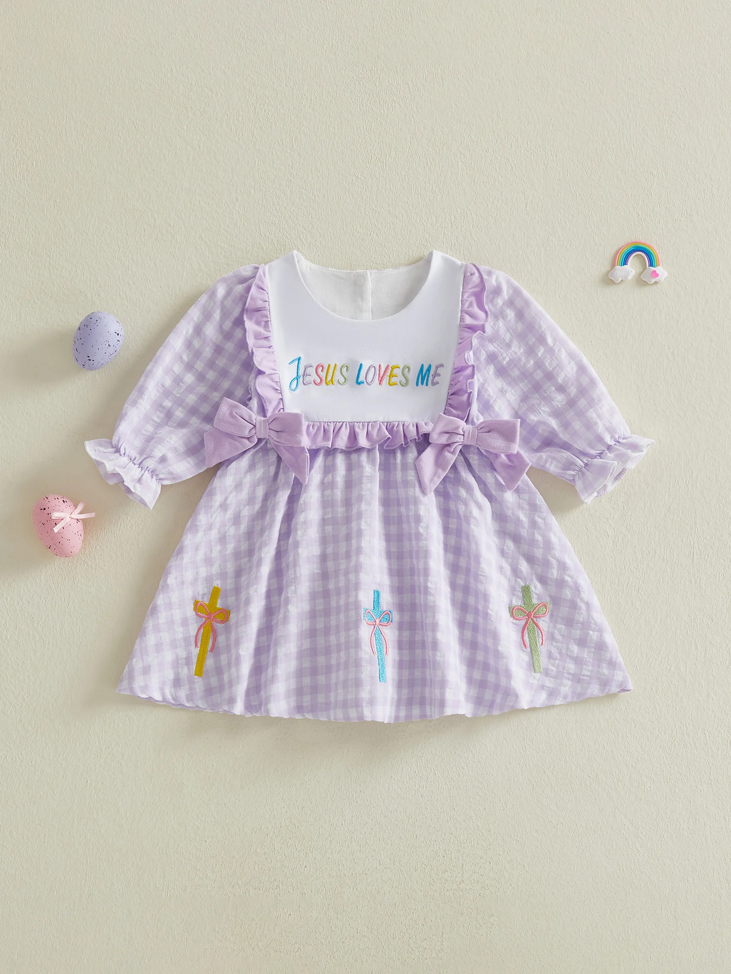 Girls Plaid Dress with Puff Sleeves Crew Neck Embroidered Letters Bow Detail and A-Line Silhouette for Spring