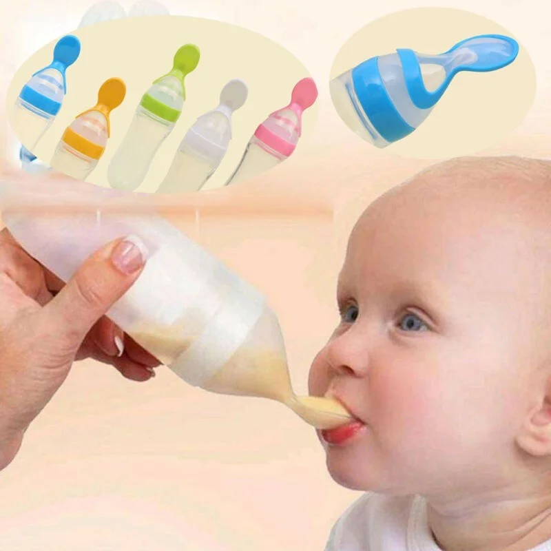 2 PC Baby Accessories Safety Infant Baby Silicone Feeding with Spoon Feeder Food Rice Cereal Bottle Utensils and Fruit Feeder 2