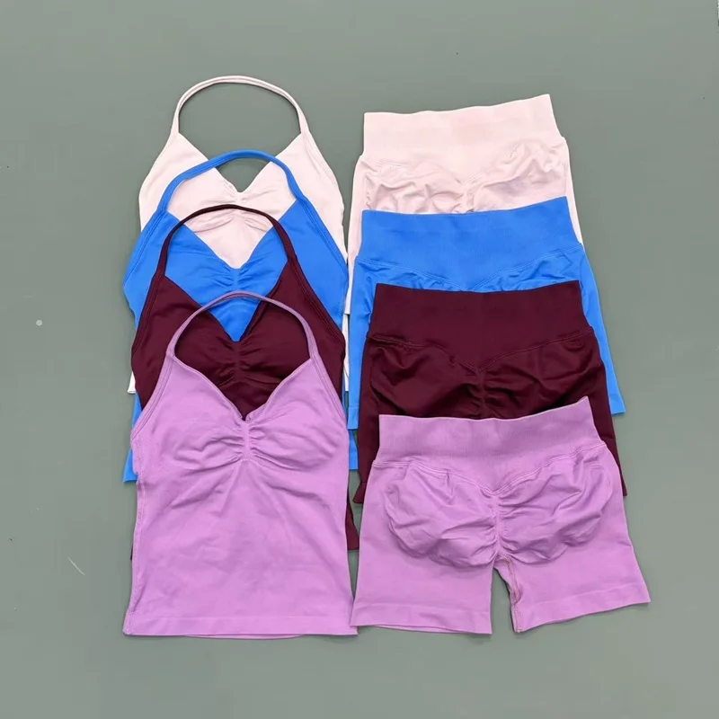 2Pcs HISTELLO Yoga Set Women Halter Tank Top Scrunch Butt Lifting Shorts Ruched Anti Chafe Quick Dry Gym Workout Sports Set