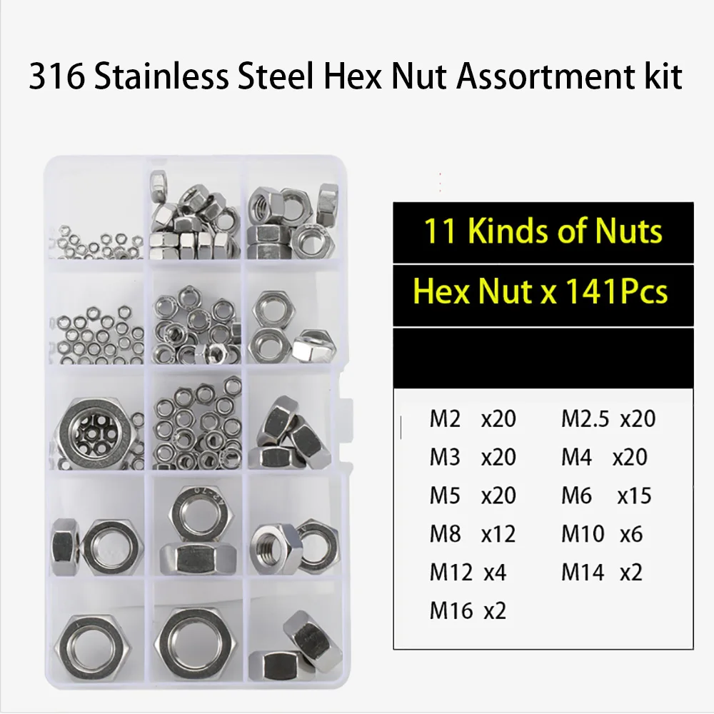 

201/316/304 Stainless Steel Hex Hexagon Nuts Set M2 M2.5 M3 M4 M5 M6 M8 M10 M12 M14 M16 Hexagon Metric Nut Assortment Kit Set