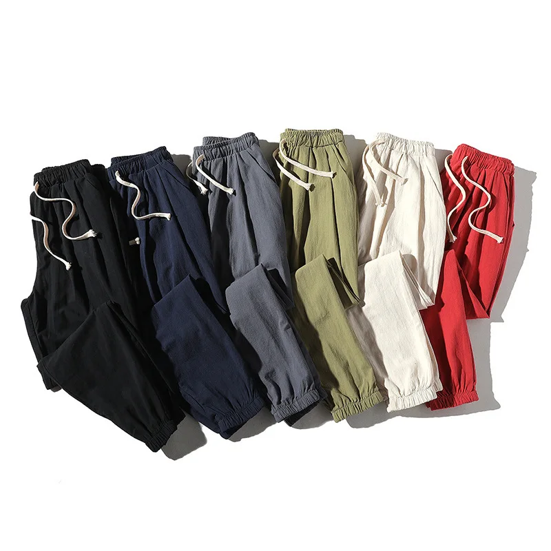 Mens Elastic Waist Cotton Linen Harem Pants Summer