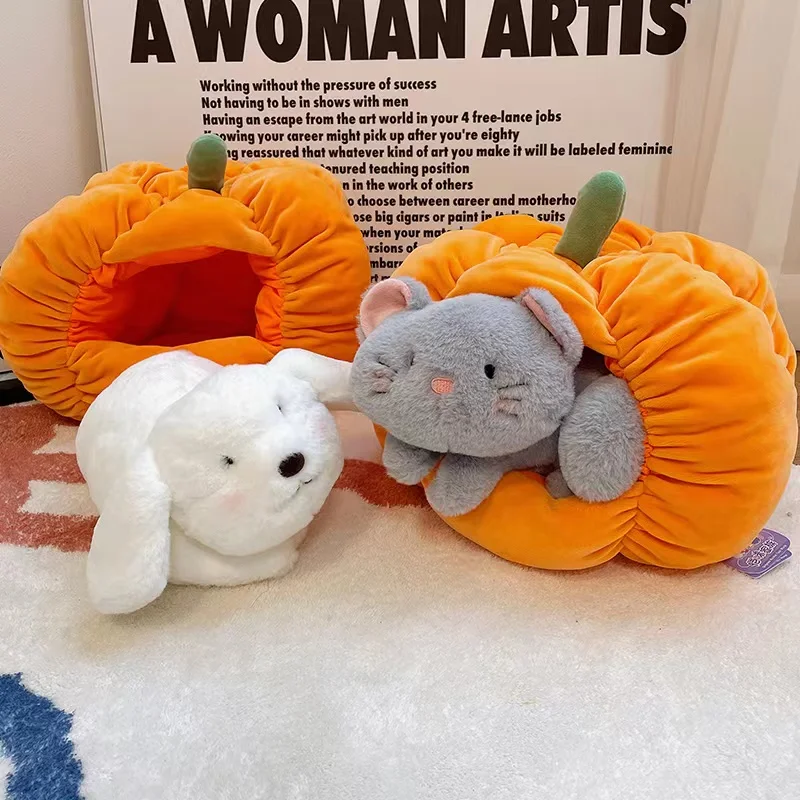 Kawaii Cat Kennel Plush Toy Stuffed Soft Dog Doll Comfortable Sleeping House Pumpkin Nest Pet Halloween Decoration Children Gift aquarium decoration resin ancient house jiangnan hut decoration fish tank landscaping accessories background simulation crafts