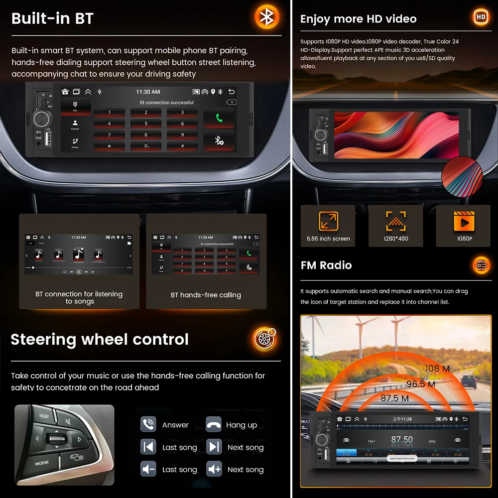 6.86inch IPS Screen Car Radio For Volkswagen Nissan Toyota KIA Multimedia Player Support Carplay Android Auto 1DIN MP5 Player