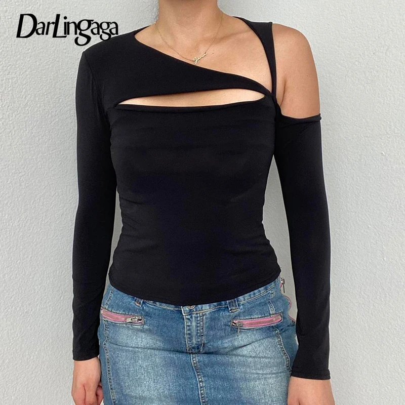 

Darlingaga Asymmetrical Design Skinny Spring Tee Shirts Women Fashion Cut Out Black Tops Long Sleeve Basic Party Sexy Sweats New