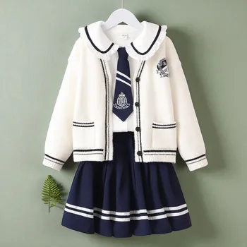 Set di abbigliamento per neonate Completi Uniforme scolastica Cardigan, camicia e gonna 3 pezzi Tuta per ragazze Adolescenti Costumi per bambini 5 7 9 13 Y