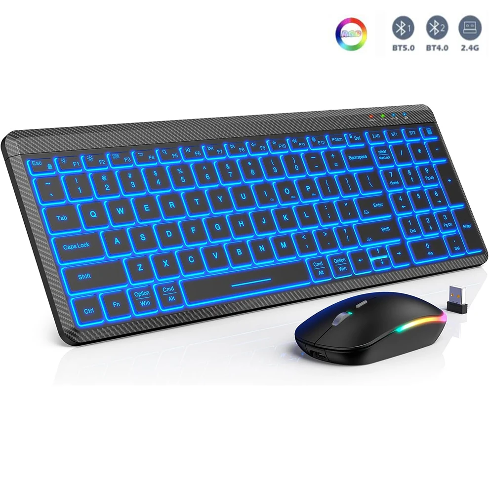 Teclado e Mouse sem Fio Retroiluminado Magro Recarregável Multi-dispositivo Bluetooth Number Pad para Mac Windows Ios
