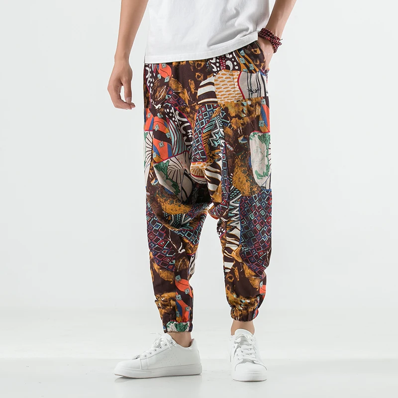 

2023 Summer New Trend Chinese Style Men's Casual Color Matching Flower Trousers Cotton and Linen Loose Low-grade Cross Pants