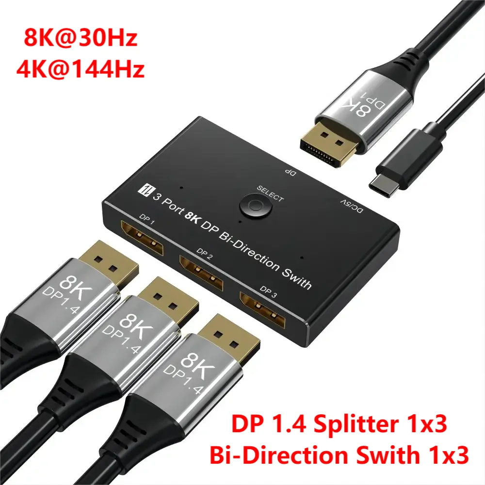 HURRISE répartiteur DisplayPort 8K 1x3 DisplayPort Splitter 8K 30Hz 4K