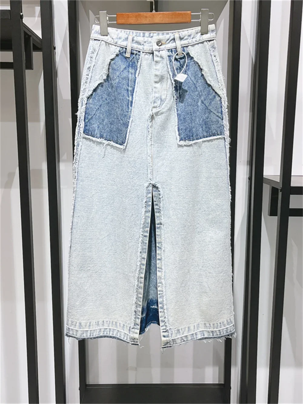 

Women's Denim Skirt Color Patchwork Flash Trim Split Spring Summer A-Line High Waist Slit Retro Jupe